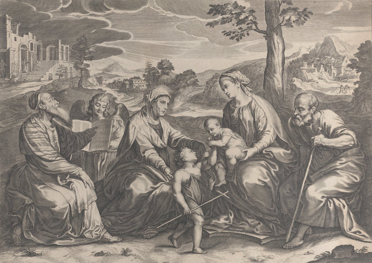 Jobb oldalon a Szent Család, Keresztelő Szent János csecsemővel, Erzsébettel, Zakariásszal,..., 1631-37. alkotó: Pieter de Jode II