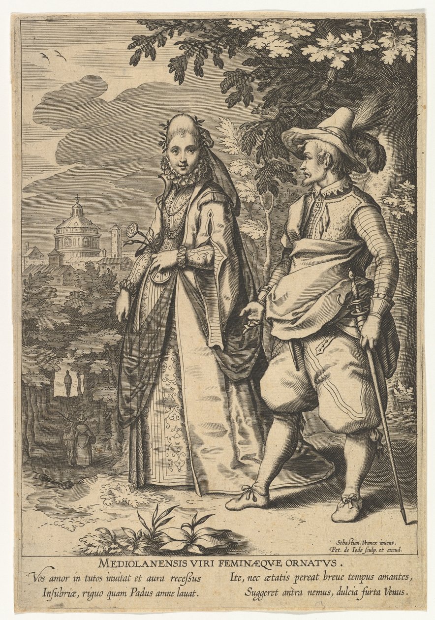 Milánó férfi és női díszek, a Fashions of Different Nations.n.d. alkotó: Pieter de Jode I