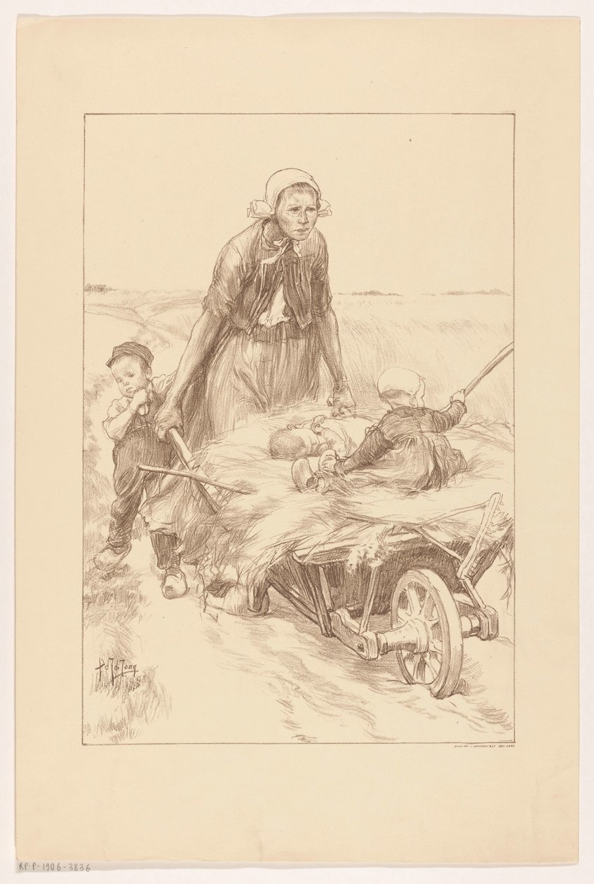 Farmer nő tolja a talicskát szénával és két gyerekkel alkotó: Pieter de Josselin