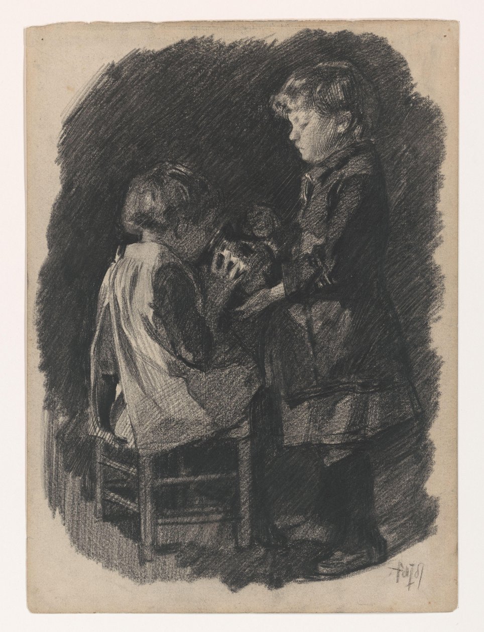 Egy kislány megissza egy nővérét egy kancsóból alkotó: Pieter de Josselin