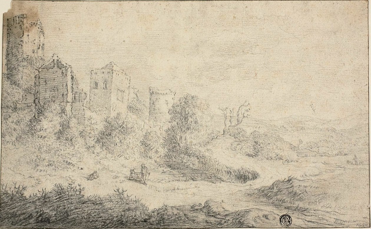 Táj romos várral és három figurával alkotó: Pieter de Molijn
