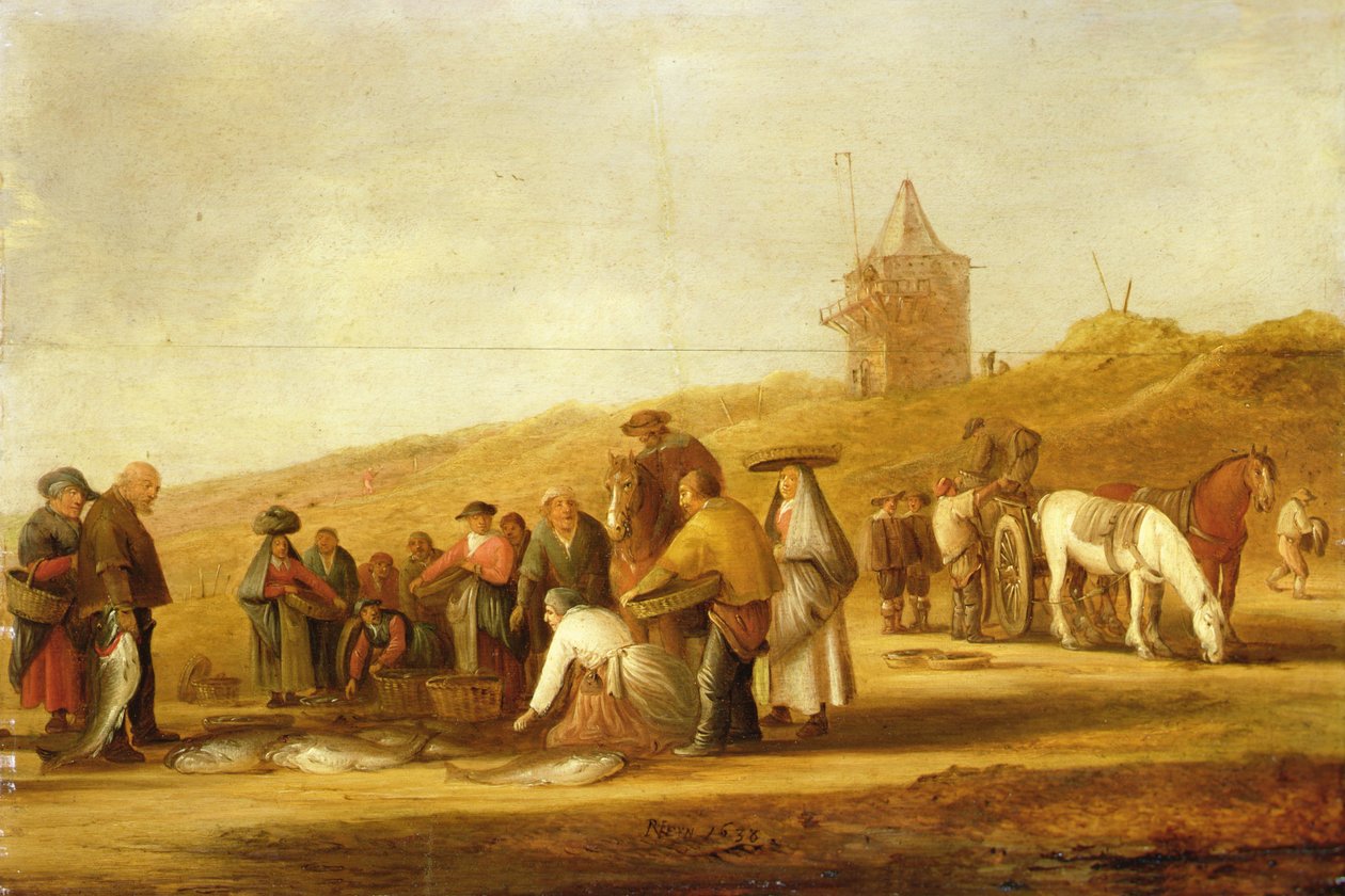 Halászok árulják fogásaikat a tengerparton (olaj, vászon) alkotó: Pieter de Neyn