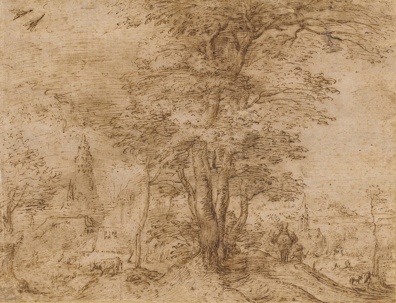 Egy falu egy facsoporttal és egy öszvérrel, 1552-54 körül alkotó: Pieter Bruegel the Elder