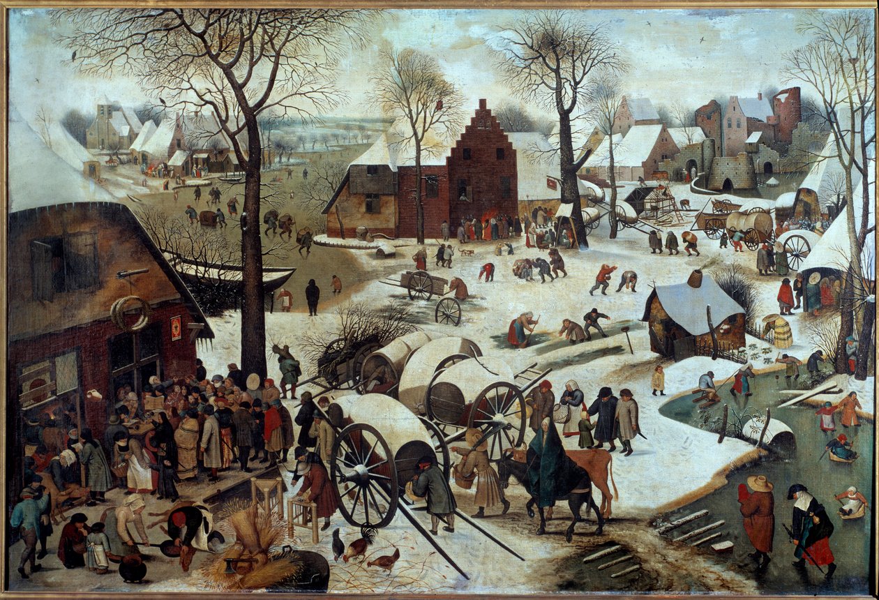 A tízcentes vagy a deombrement kifizetése Bethleemnek (h s/t 1,11 x 1,64). Pieter Bruegel (vagy Breugel vagy Brueghel vagy Breughel) festménye az előbbi (1525-1569). 1566. Brüsszel, Királyi Szépművészeti Múzeum. alkotó: Pieter Bruegel the Elder