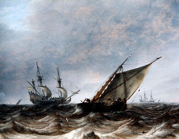 Egy Smalschip és egy Man-of-War hullámzó tengeren (olaj a panelen) alkotó: Pieter the Elder Mulier