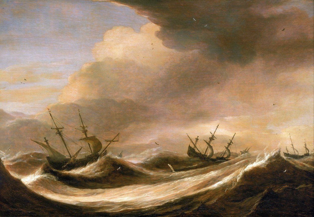 Hajók a nyílt tengeren a vihar elől menekülve, csökkentett vitorlákkal, az erős hullámok által megrázva. Olaj, fa, 1640 körül, Pieter Mulier (1615-1670) alkotása. alkotó: Pieter the Elder Mulier
