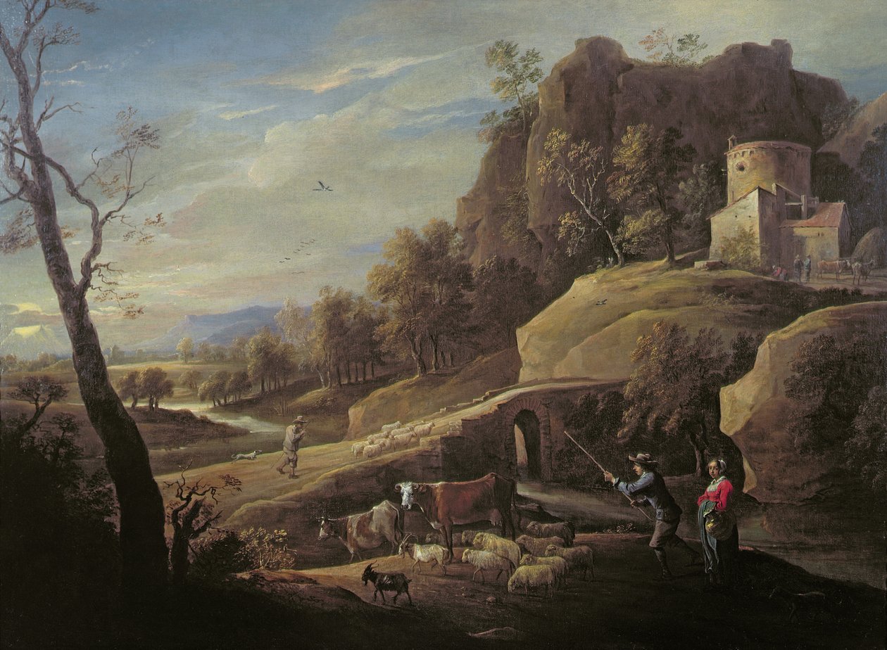 Tájkép a gazdákkal, akik az állataikat gondozzák alkotó: Pieter the Younger Mulier