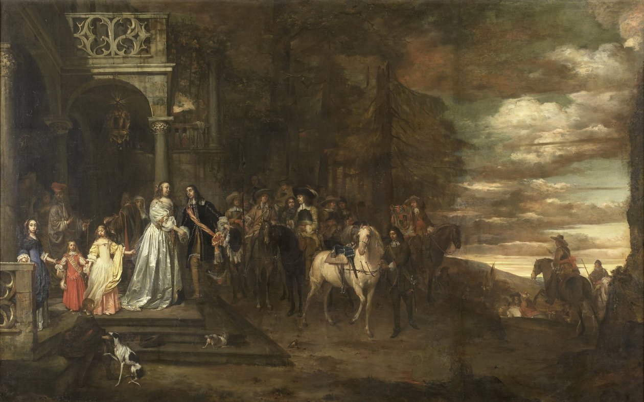 Hendrik de Sandra kapitány (1619-1707) távozása, akit felesége és gyermekei küldtek el alkotó: Pieter van Anraedt