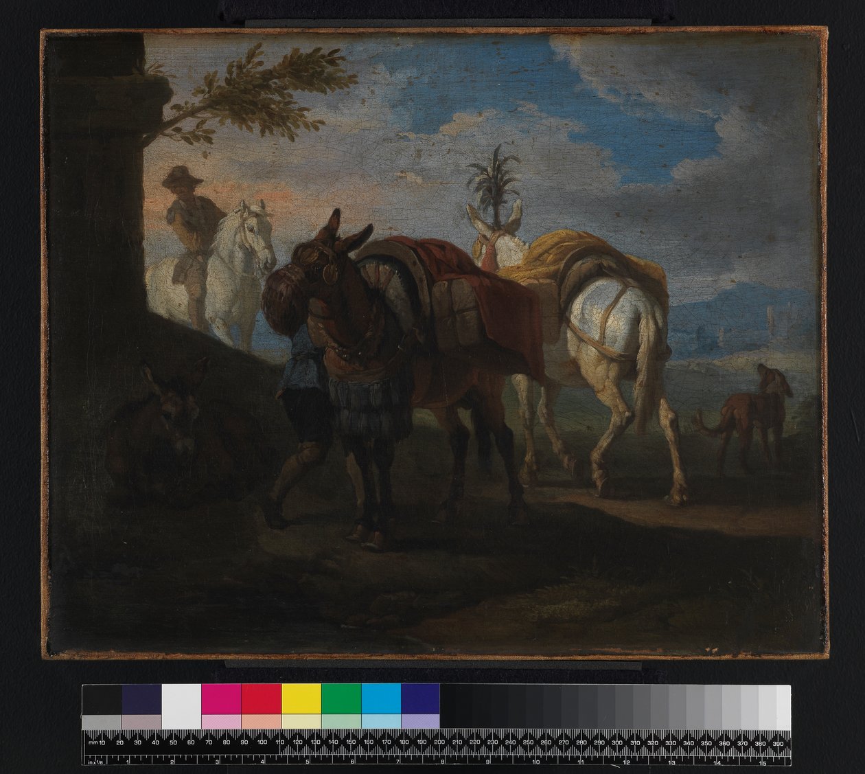 Öszvérek megálltak az út mellett, 1720 előtt alkotó: Pieter van Bloemen