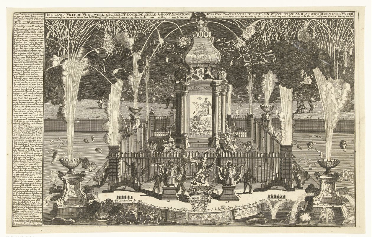 Tűzijáték az utrechti béke tiszteletére, 1713 Holland béketűzijáték, amelyet Hollandia Noble Groot Mogende Heeren államai és Nyugat-Frízföld állítottak fel, a folyóba lőttek Hágába (...) (cím a tárgyon) alkotó: Pieter van Buysen jr.