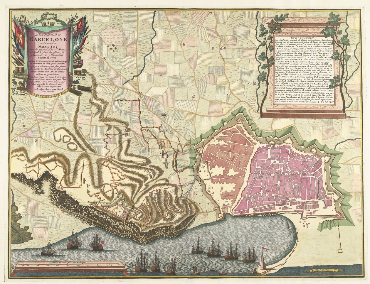 Kaart van het beleg van Barcelona, ​​1706 Barcelona város és a Chateau de Mont Juy térképe a francia hadsereg megközelítéseivel (...) (cím az objektumon) alkotó: Pieter van Call (II)