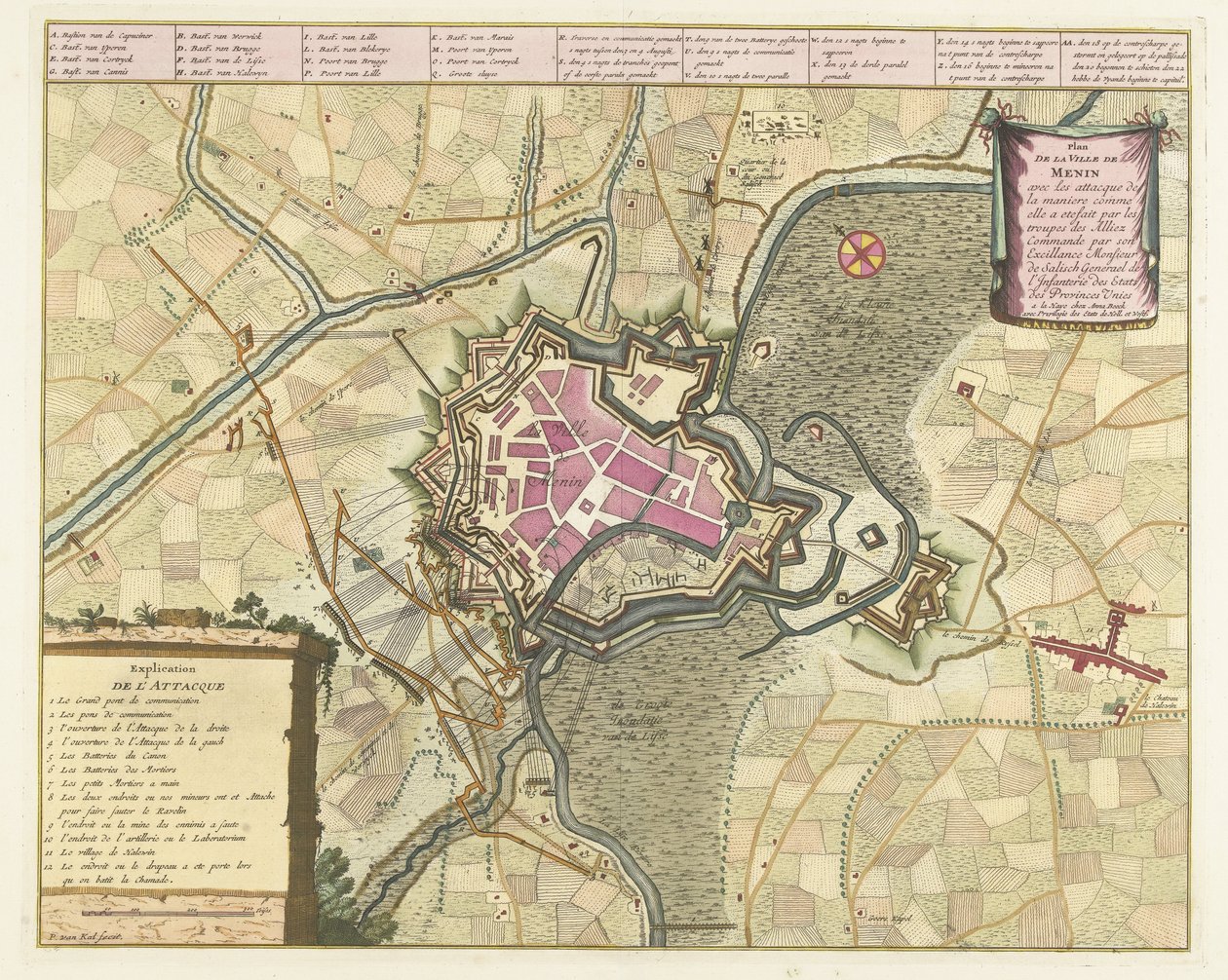 Kaart van het beleg van Menen, 1706 Menin város terve a szövetségesek csapatainak (...) támadásaival (...). (cím a tárgyon) alkotó: Pieter van Call (II)