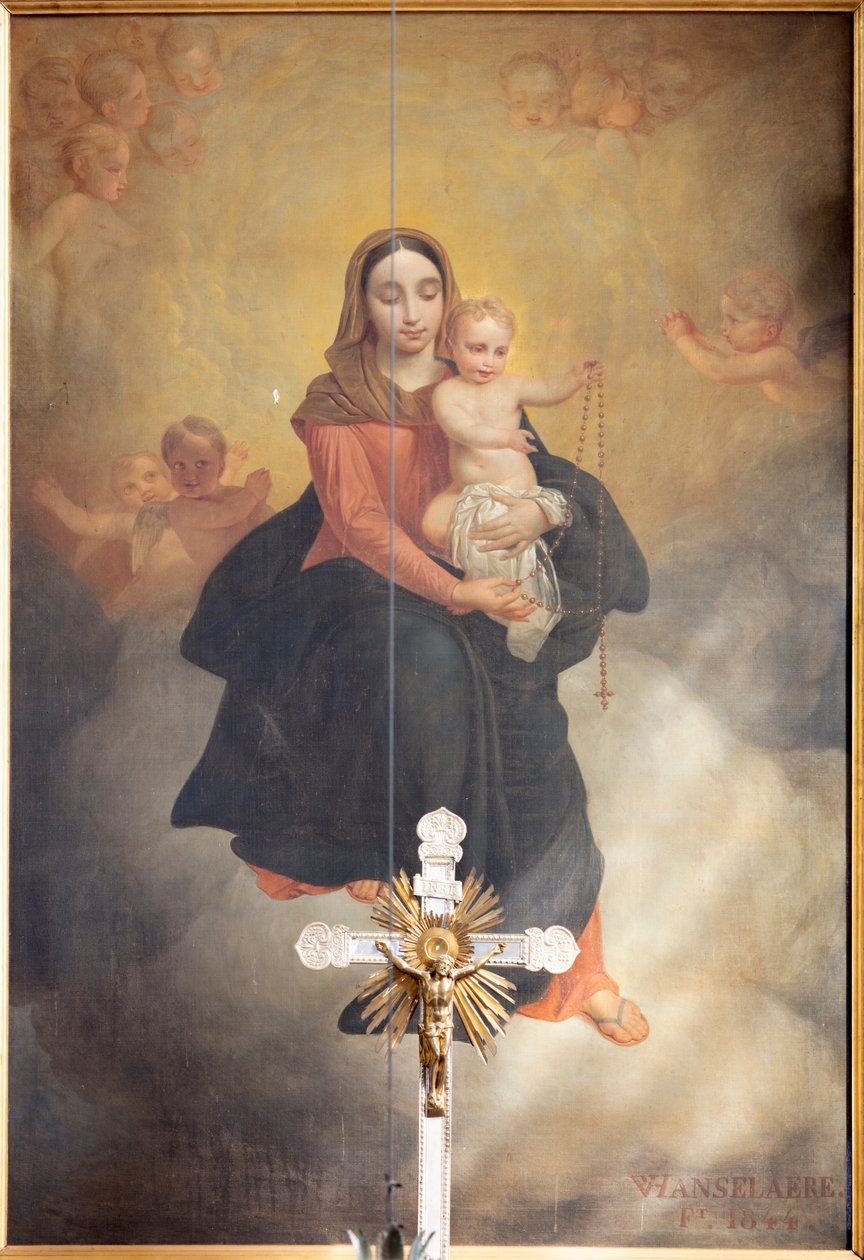Belülnézet, "Miasszonyunk gyermekével rózsafüzérrel" festmény, Pierre Van Hanselaere oltárképe a főoltáron alkotó: Pieter van Hanselaere