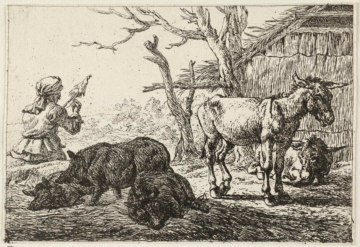 Disznók és szamarak egy istállóban, balra egy fonónő alkotó: Pieter van Laer