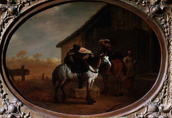 Fogadót elhagyó utazók (olaj a panelen) alkotó: Pieter van Laer