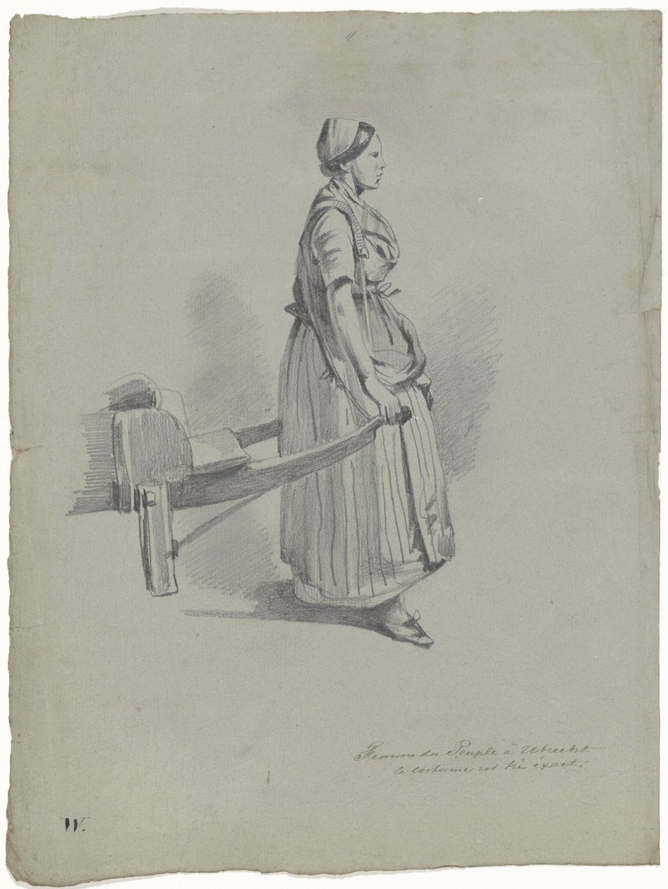 Álló nő húz egy szekeret Utrechtben Femme du Peuple à Utrecht (cím a tárgyon) alkotó: Pieter van Loon
