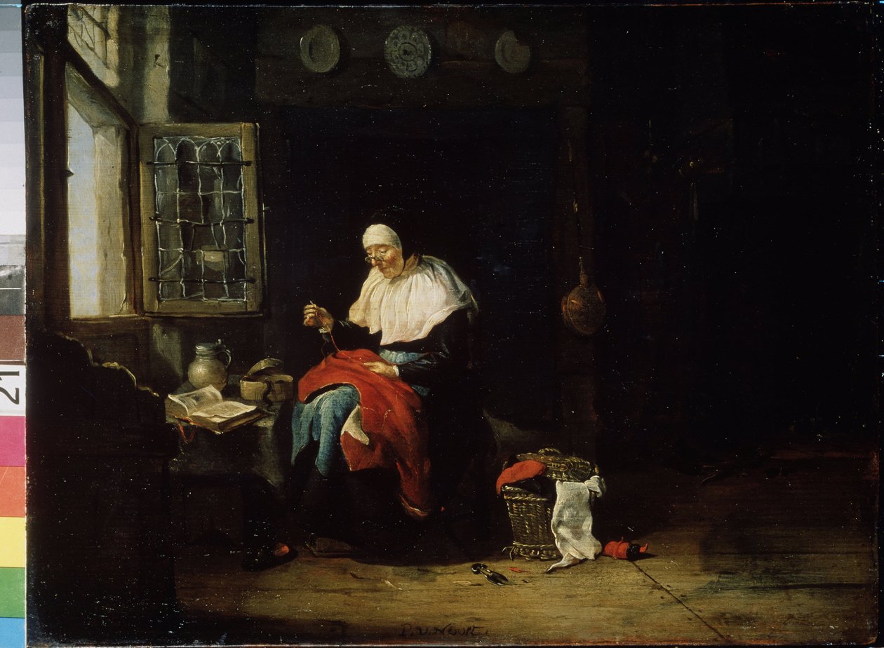 A kézimunka. Egy öregasszony az ablak előtt egy vörös ruhát fizet. Szemüveget visel. Pieter Van Noort festménye (1602-1662 után) alkotó: Pieter van Noort