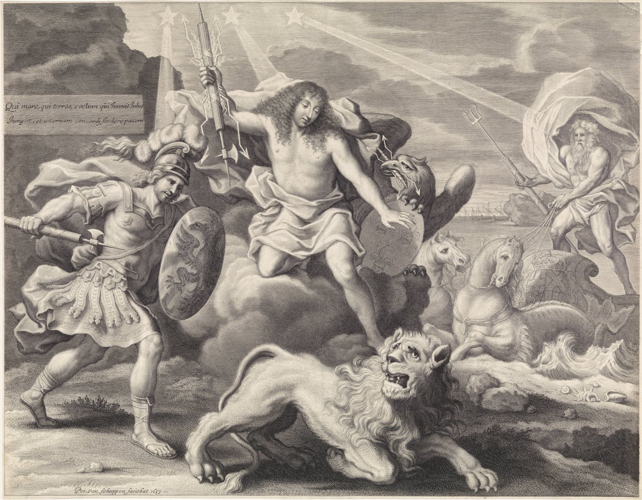 Promóciós nyomat XIV. Lajos allegorikus ábrázolásával, mint Jupiterrel, 1659 alkotó: Pieter van Schuppen