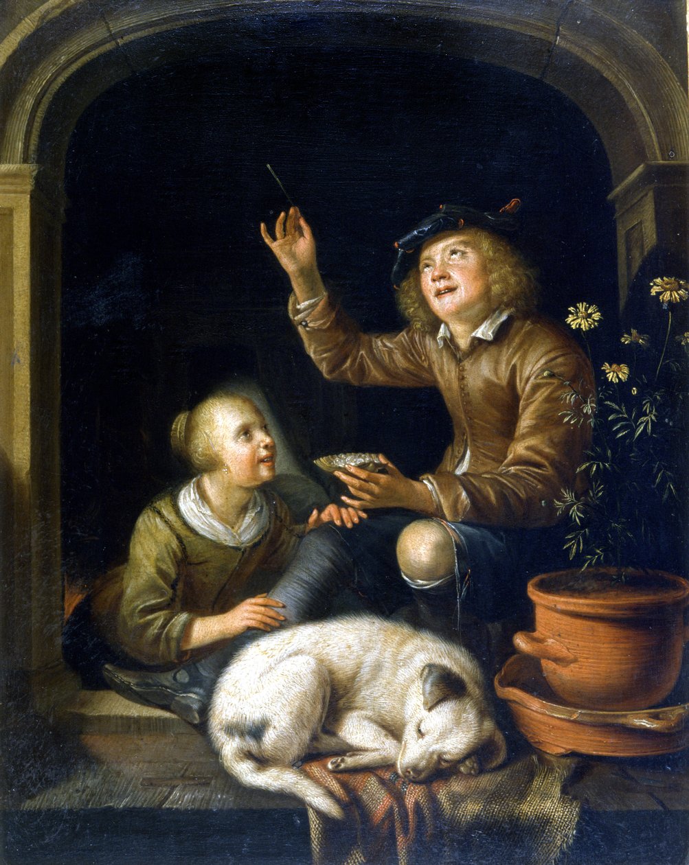 A szappanbuborék. Pieter Cornélisz van Slingelandt (1625 - 1691) festménye. Milánói Castello Múzeum. alkotó: Pieter van Slingelandt