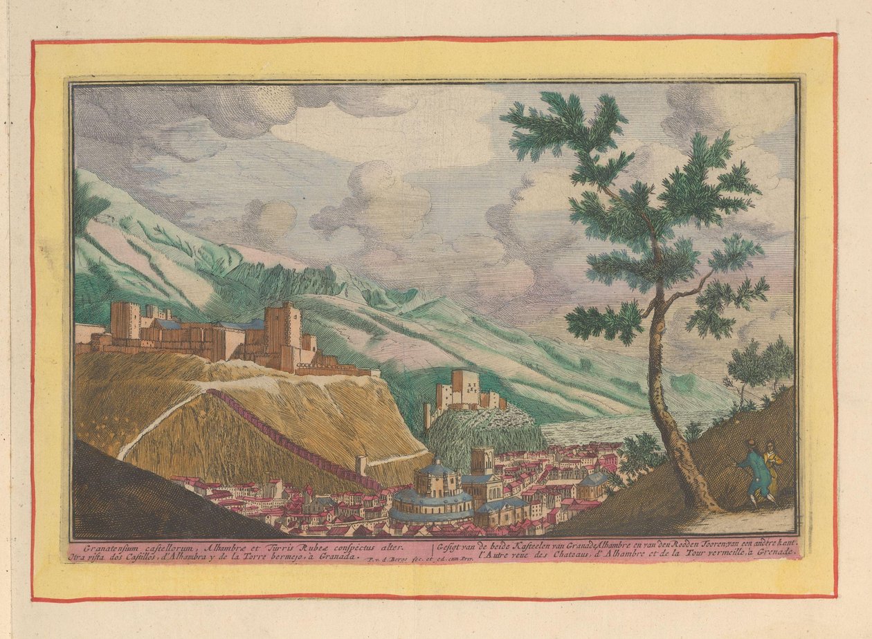 Kilátás Granadára és az Alhambra épületeire A két kastély, Granade, Alhambre és van den Rooden Tooren Gesigtje; másik oldalról (cím a tárgyon) Theatrum Hispaniae (...) (sorozat címe) alkotó: Pieter van den Berge