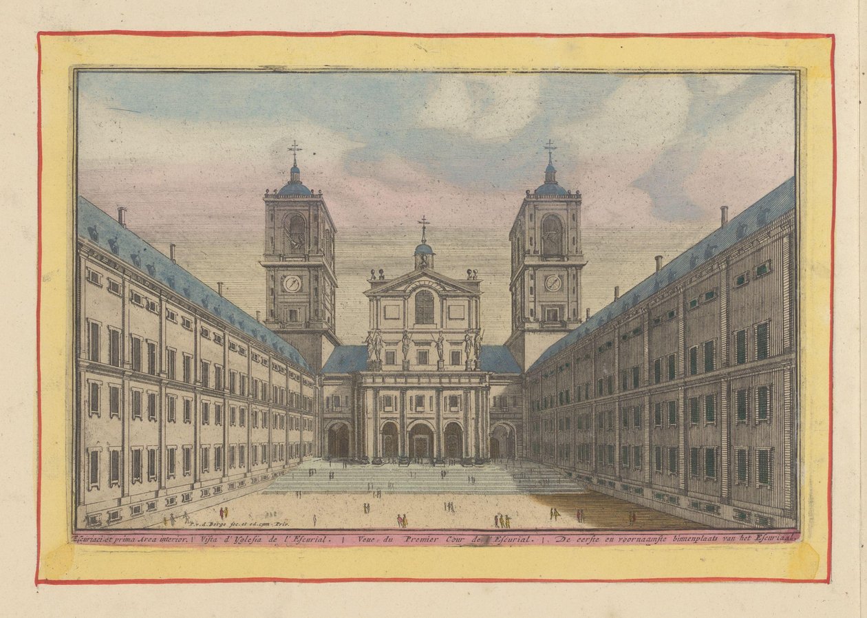 Kilátás az udvarra és a San Lorenzo-templom bejáratára az Escorialban Az Escurial első és fő udvara (cím az objektumon) Theatrum Hispaniae (...) (sorozat címe) alkotó: Pieter van den Berge