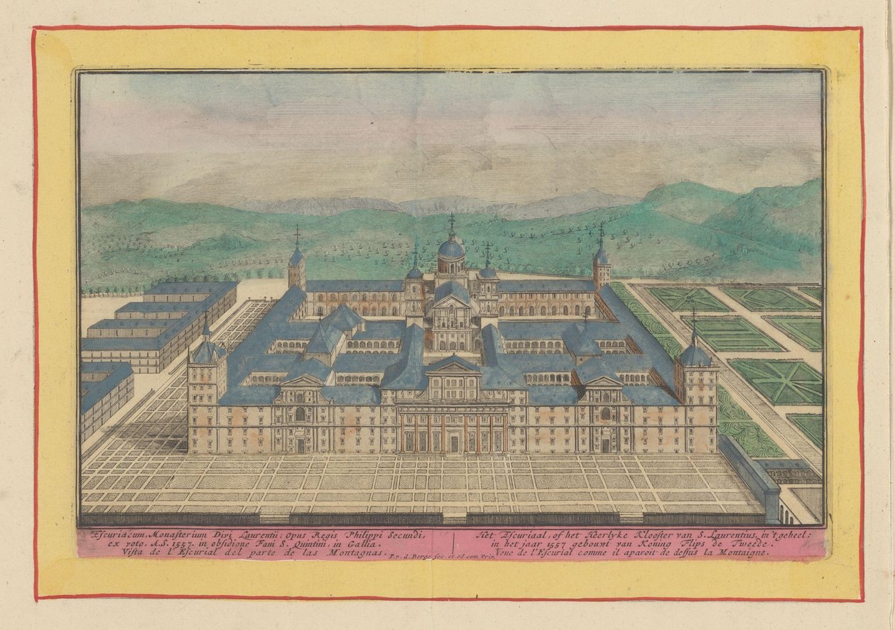 Madártávlat az Escorialra Az Escuriaal vagy a Heerlyke S. Laurentius-kolostor teljes egészében: Második Fülöp király 1557-ben építette (cím a tárgyon) Theatrum Hispaniae (...) (sorozat címe) alkotó: Pieter van den Berge