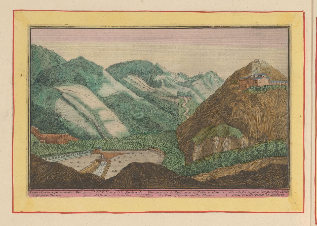 Kilátás a mór királyok palotájára és kertjére, Granadában A mór királyok régi kastélya és palotája, Granade; a Lusthoven mellett (cím a tárgyon) Theatrum Hispaniae (...) (sorozat címe) alkotó: Pieter van den Berge