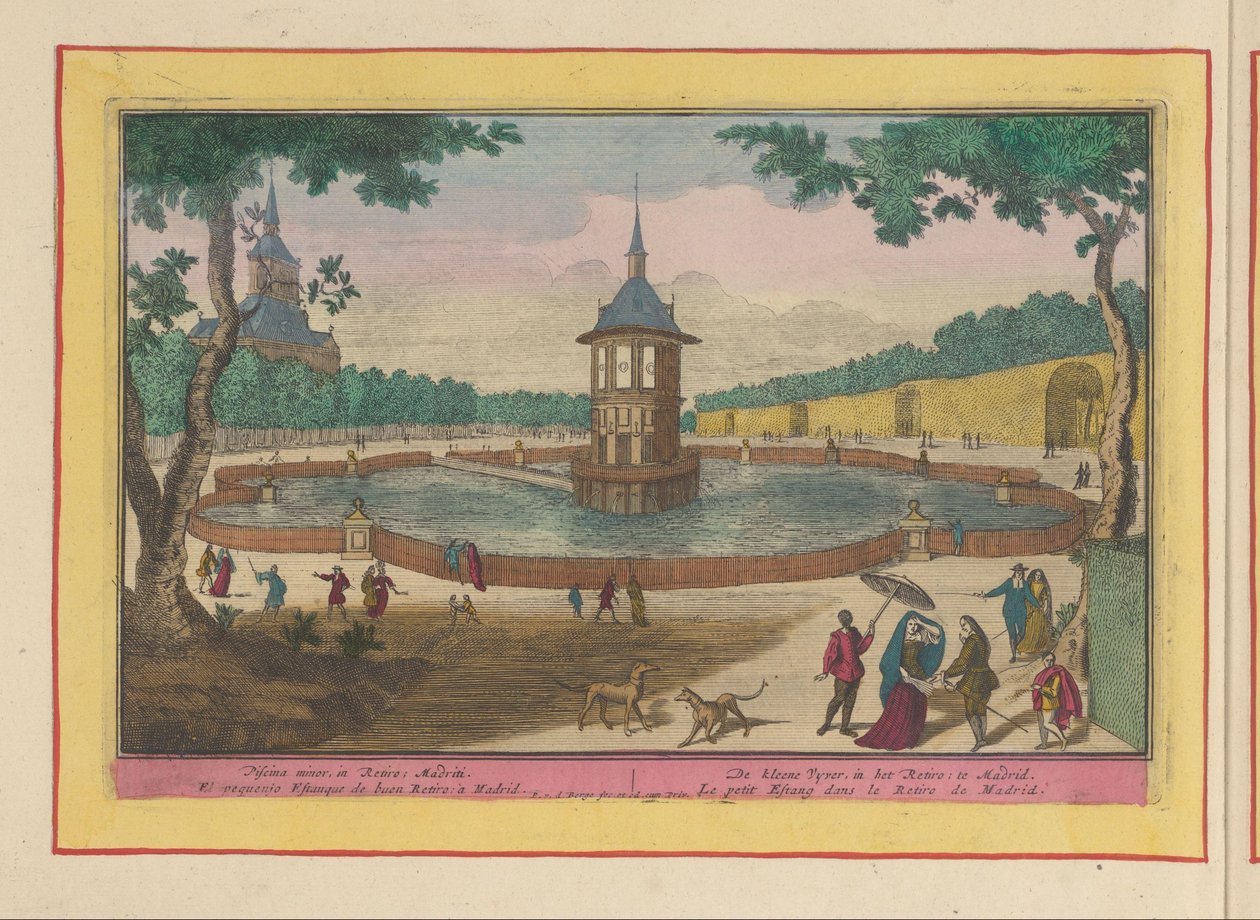Kis tó a madridi Palacio del Buen Retiro kertjében A kleene Vyver, Retiroban; Madridban (cím a tárgyon) Theatrum Hispaniae (...) (sorozat címe) alkotó: Pieter van den Berge