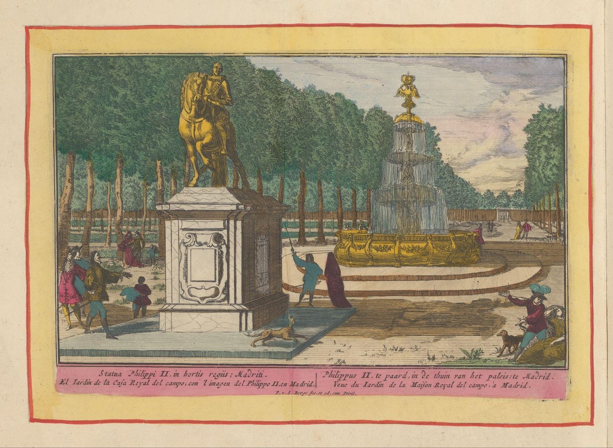 Fülöp lovas szobra a madridi palota kertjében II. Fülöp lóháton, a madridi palota kertjében (cím a tárgyon) Theatrum Hispaniae (...) (sorozat címe) alkotó: Pieter van den Berge