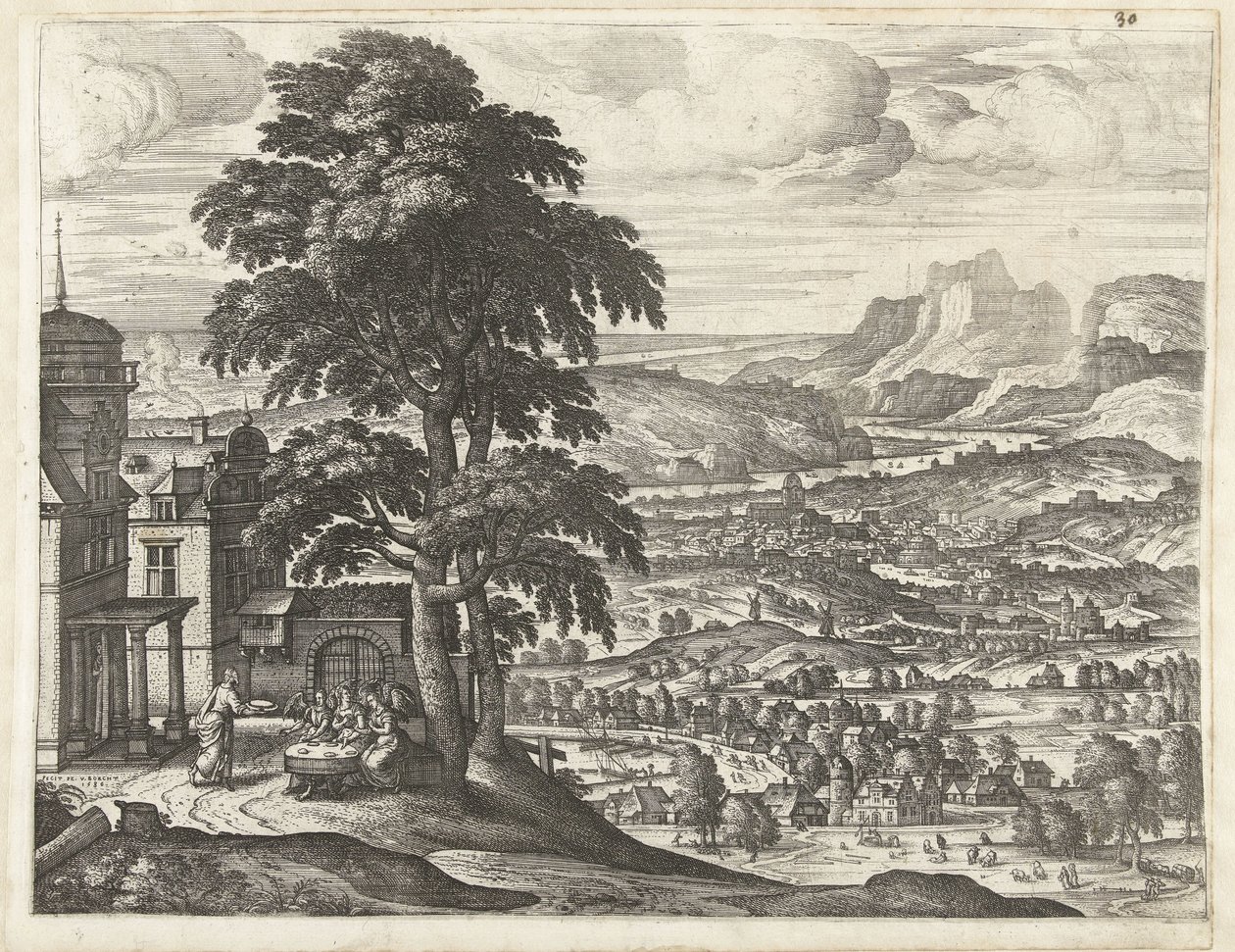 Ábrahám táplálja a három angyalt Tájak Ábrahám történetével (sorozat címe) alkotó: Pieter van der Borcht (I)