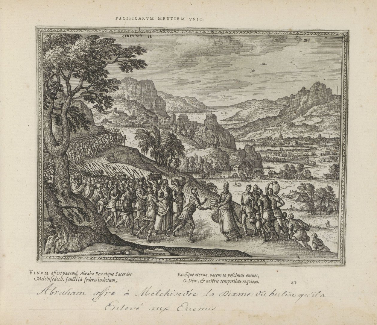 Ábrahám találkozott Melkisédekkel A békés elmék egyesülése (cím a tárgyon) A szent jelképek és mindkét testamentum főbb története (Oude Testament) (sorozat címe) Könyvek képei és figurái (sorozat címe) alkotó: Pieter van der Borcht (I)