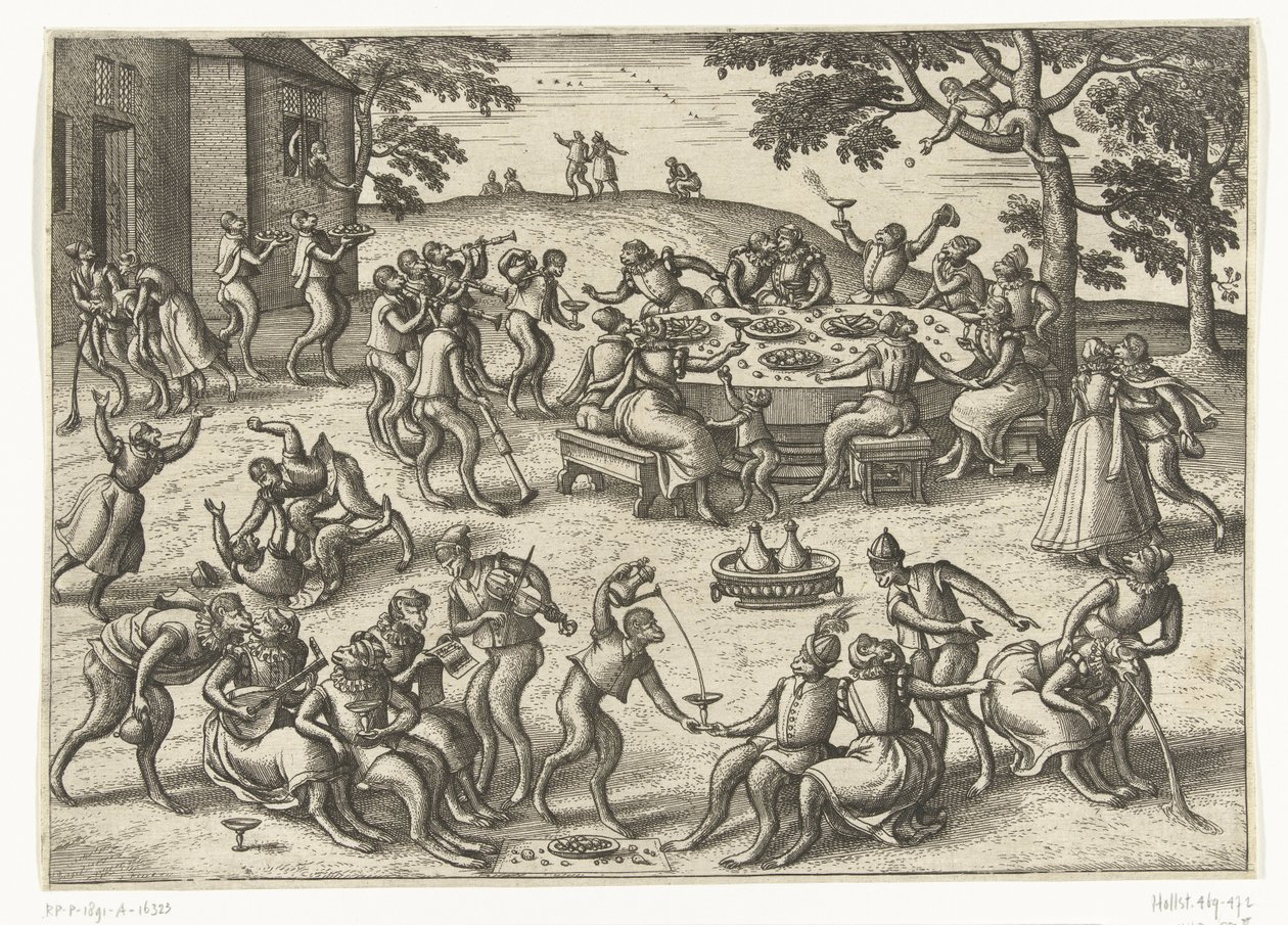 Szabadtéri bankett Majomjáték (sorozat címe) alkotó: Pieter van der Borcht (I)
