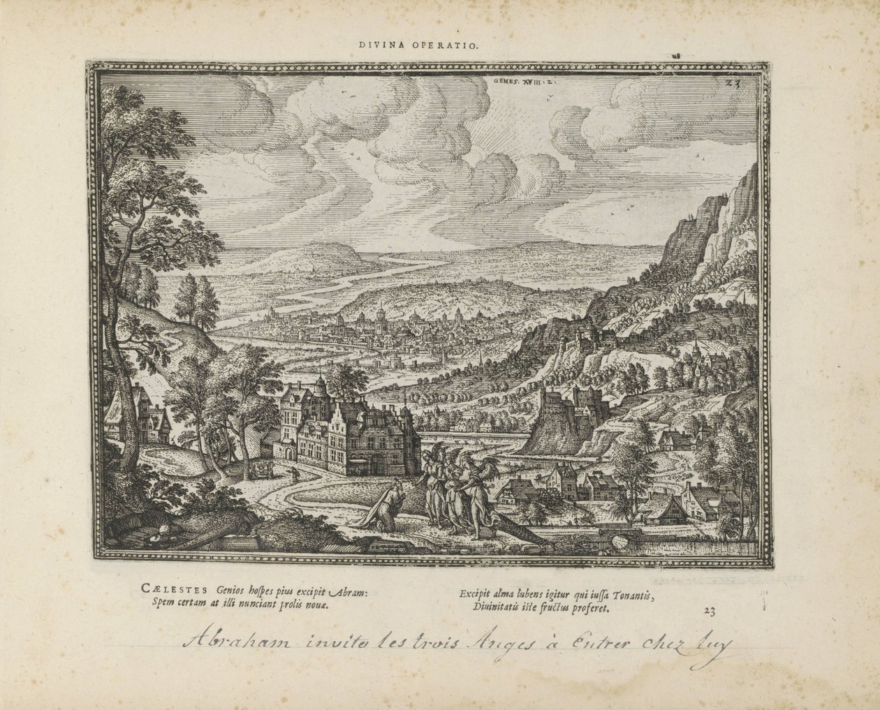 Landschap met Abraham en de dre engelen Isteni művelet (cím a tárgyon) A szent jelképek és mindkét testamentum főbb története (Oude Testament) (sorozat címe) Könyvek képei és figurái (sorozat címe) alkotó: Pieter van der Borcht (I)