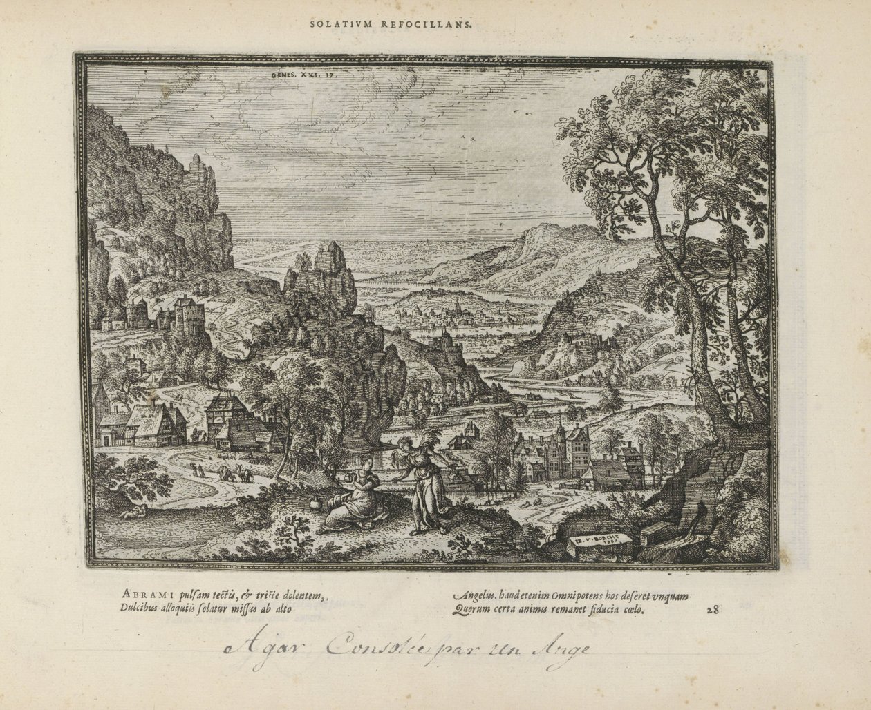 Landschap met Hagar en de engel A kényelem megtagadása (cím a tárgyon) A szent jelképek és mindkét testamentum főbb története (Oude Testament) (sorozat címe) Könyvek képei és figurái (sorozat címe) alkotó: Pieter van der Borcht (I)
