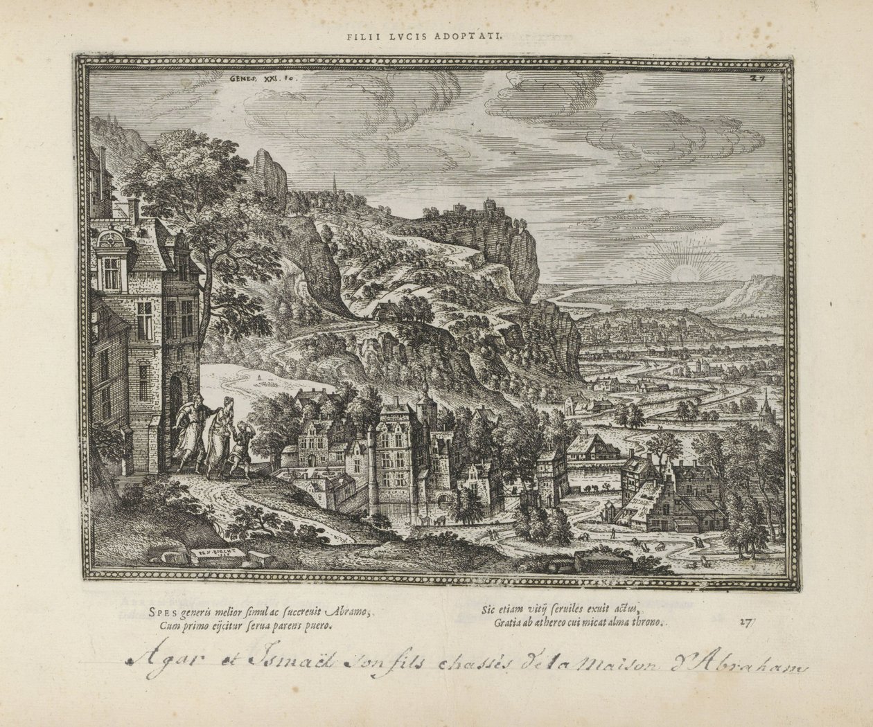 Landschap met de verdrijving van Hagar en Ismaël door Abraham Lucus örökbefogadott fiai (cím a tárgyon) A szent jelképek és mindkét testamentum főbb története (Oude Testament) (sorozat címe) Könyvek képei és figurái (sorozat címe) alkotó: Pieter van der Borcht (I)