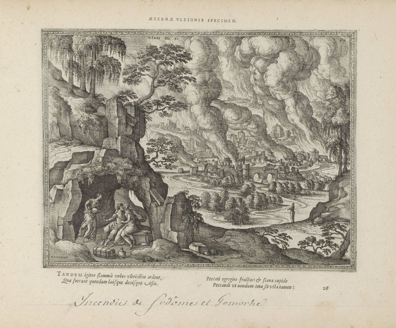 Vernietiging van Sodom en Gomorrah / Lot en zijn dochters Az igazság örök emlékműve (cím a tárgyon) A szent jelképek és mindkét testamentum főbb története (Oude Testament) (sorozat címe) Könyvek képei és figurái (sorozat címe) alkotó: Pieter van der Borcht (I)