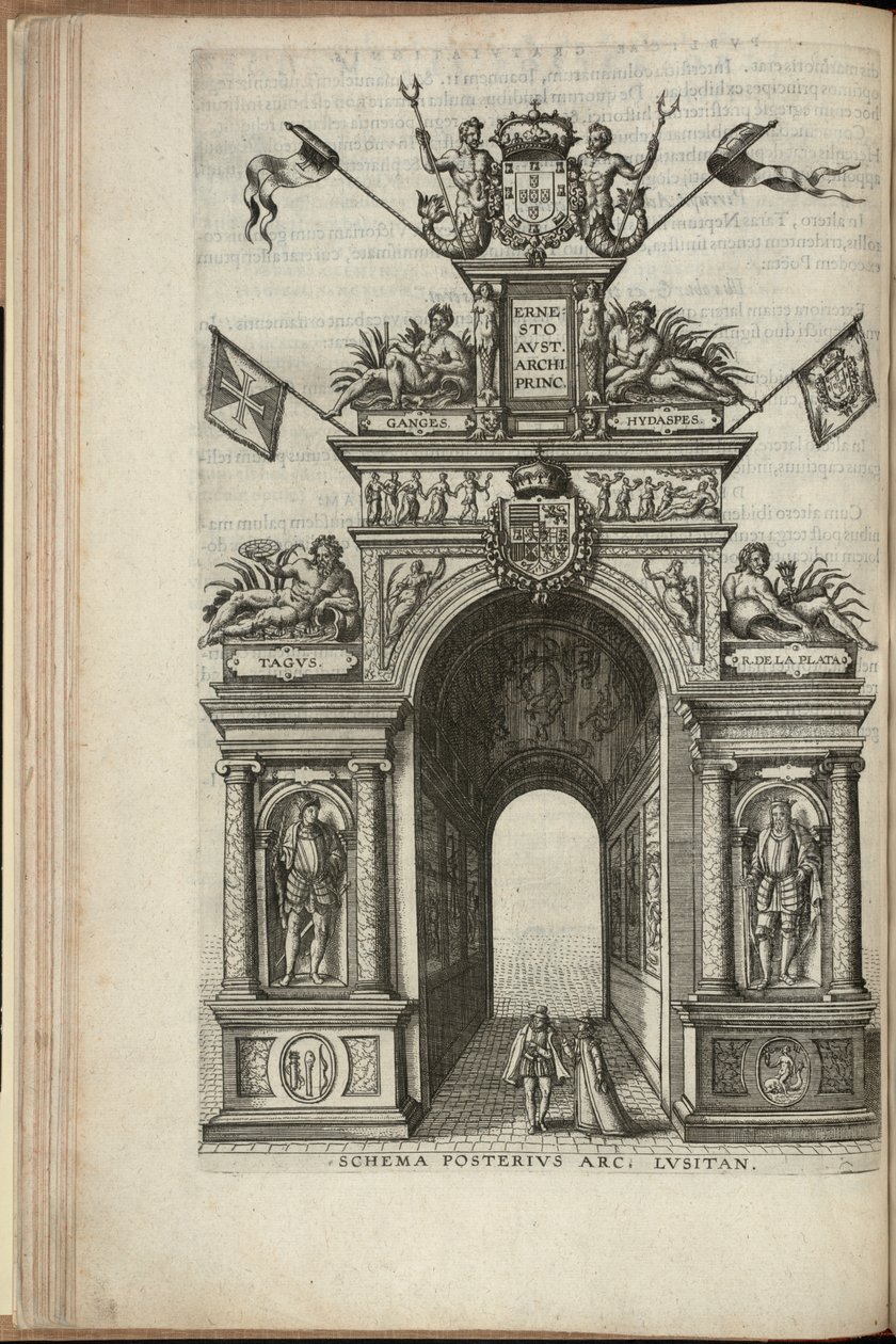 Tejo, Plata, Gangesz és Hydaspes folyók. A portugál diadalív hátlapja, Ernst osztrák főherceg Antwerpenbe való belépése, 1595-ben megjelent (metszet) alkotó: Pieter van der Borcht