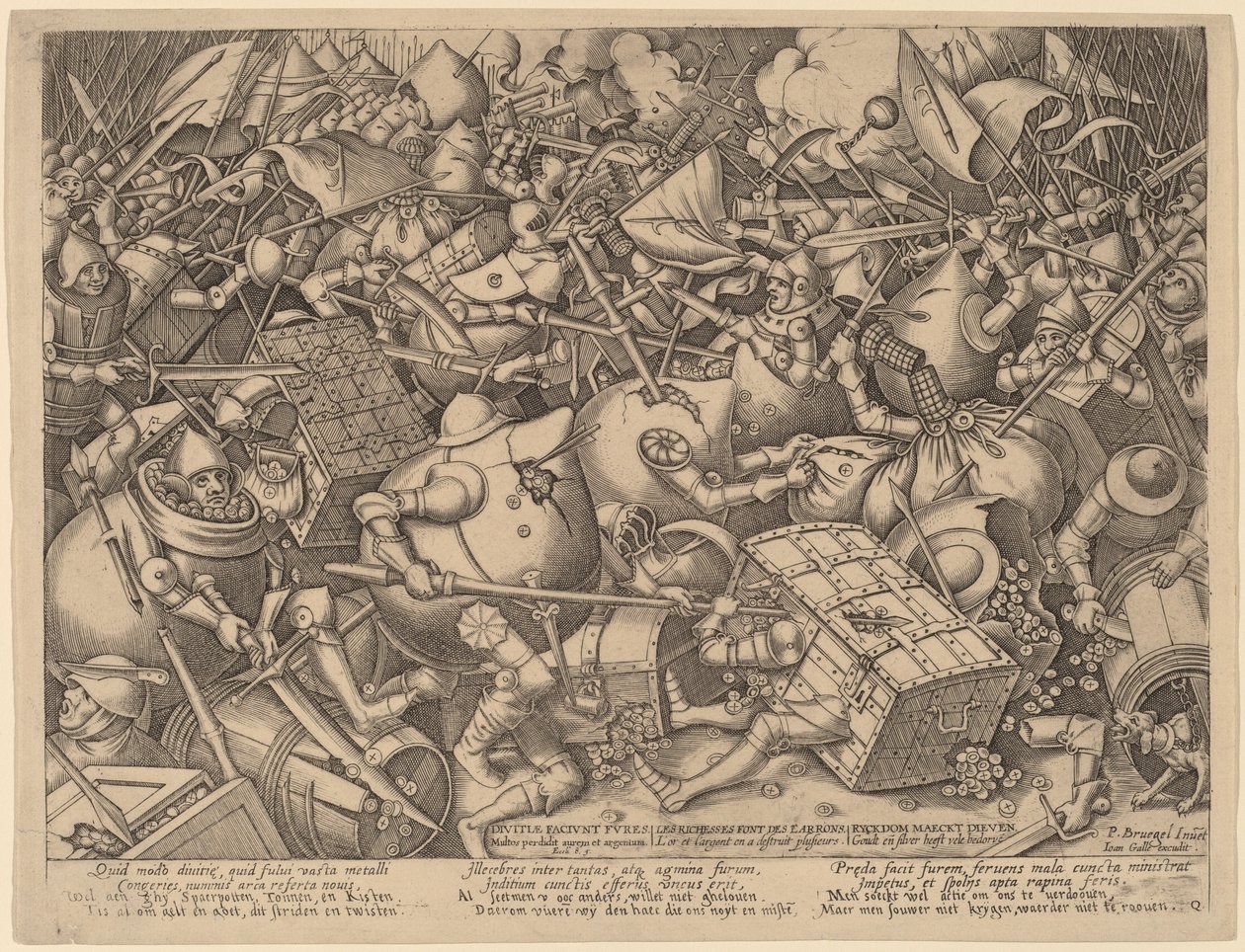 A pénzeszsákok és az erős dobozok csatája alkotó: Pieter van der Heyden after Pieter Bruegel the Elder
