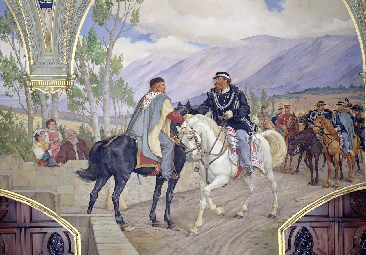 Giuseppe Garibaldi (1807-82) és II. Vittorio Emanuele király (1820-78) találkozása 1860. október 26-án az olaszországi Teanóban, a két vezető kezet fogó 1886-os részlete (a alkotó: Pietro Aldi