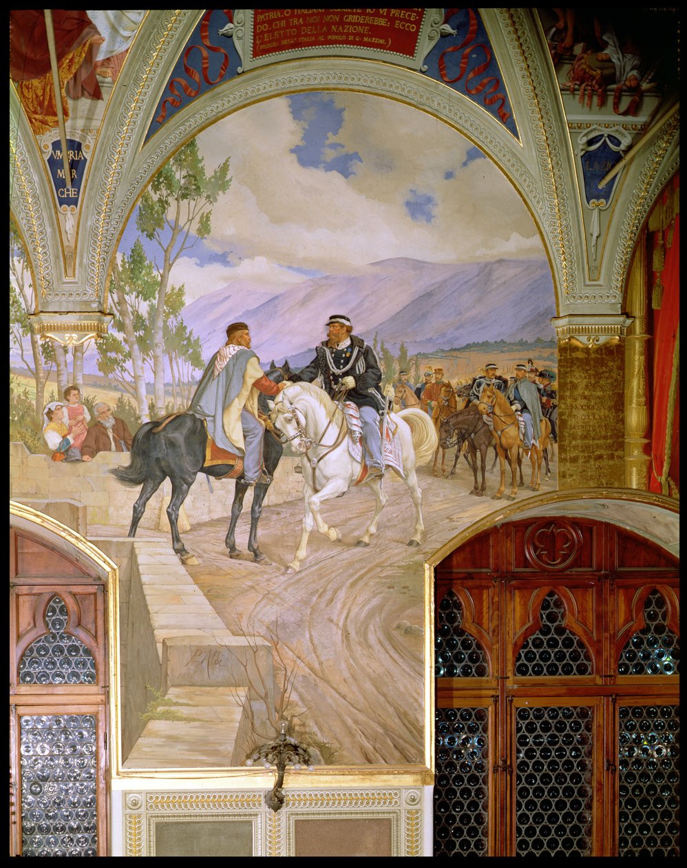 Giuseppe Garibaldi (1807-82) és II. Vittorio Emanuele (1820-78) király találkozása 1860. október 26-án az olaszországi Teanoban, 1886. alkotó: Pietro Aldi