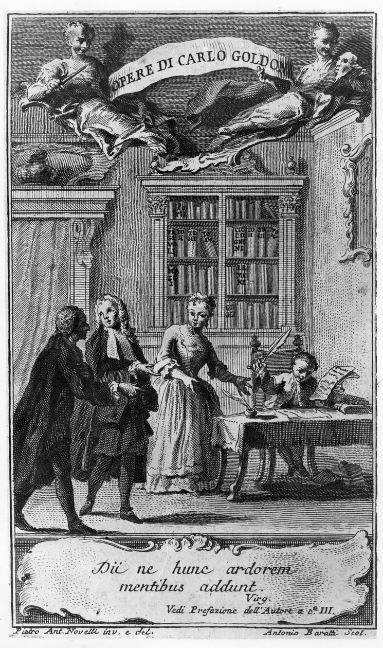 Carlo Goldoni, 8 éves, édesanyja és a bergamascoi apát jelenlétében írja első darabját az „Opere di Carlo Goldoni”-ból, amelyet Antonio Baratti metszett, 1761. alkotó: Pietro Novelli