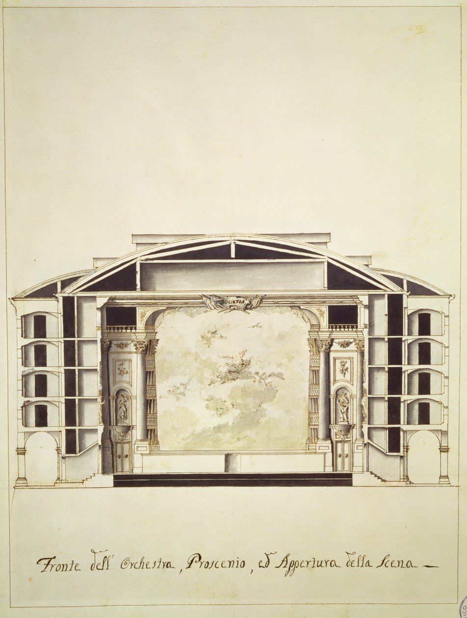 Egy színház keresztmetszete a Canal Grande csatornán a színpaddal és a zenekarral, 1787 alkotó: Pietro Bianchi
