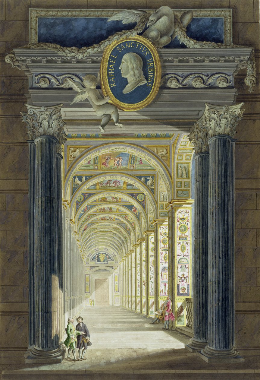 Elülső rész Raphael (1483-1520) medálos portréjával, a Delle Loggie di Rafaele nel Vaticano-ból, Giovanni Volpato (1735-1803) metszet, 1772-77 körül megjelent (kézzel színezett metszet) alkotó: Pietro Camporesi