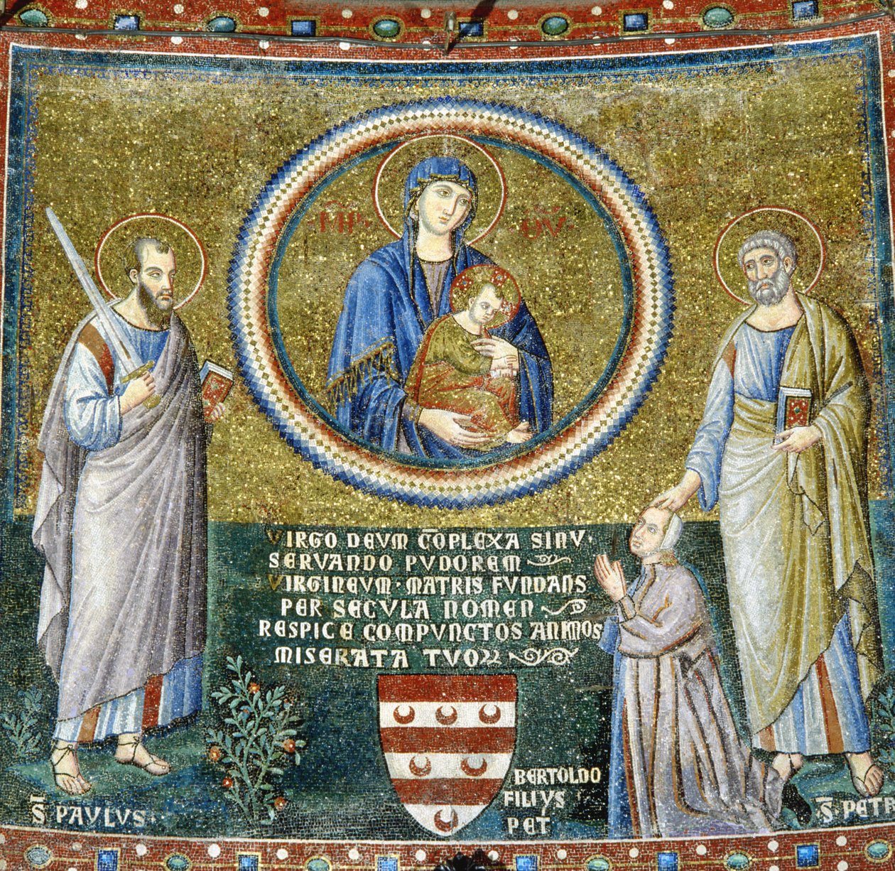 Madonna és gyermeke Szent Péter és Pál között a védőszent Stefaneschivel (mozaik) alkotó: Pietro Cavallini