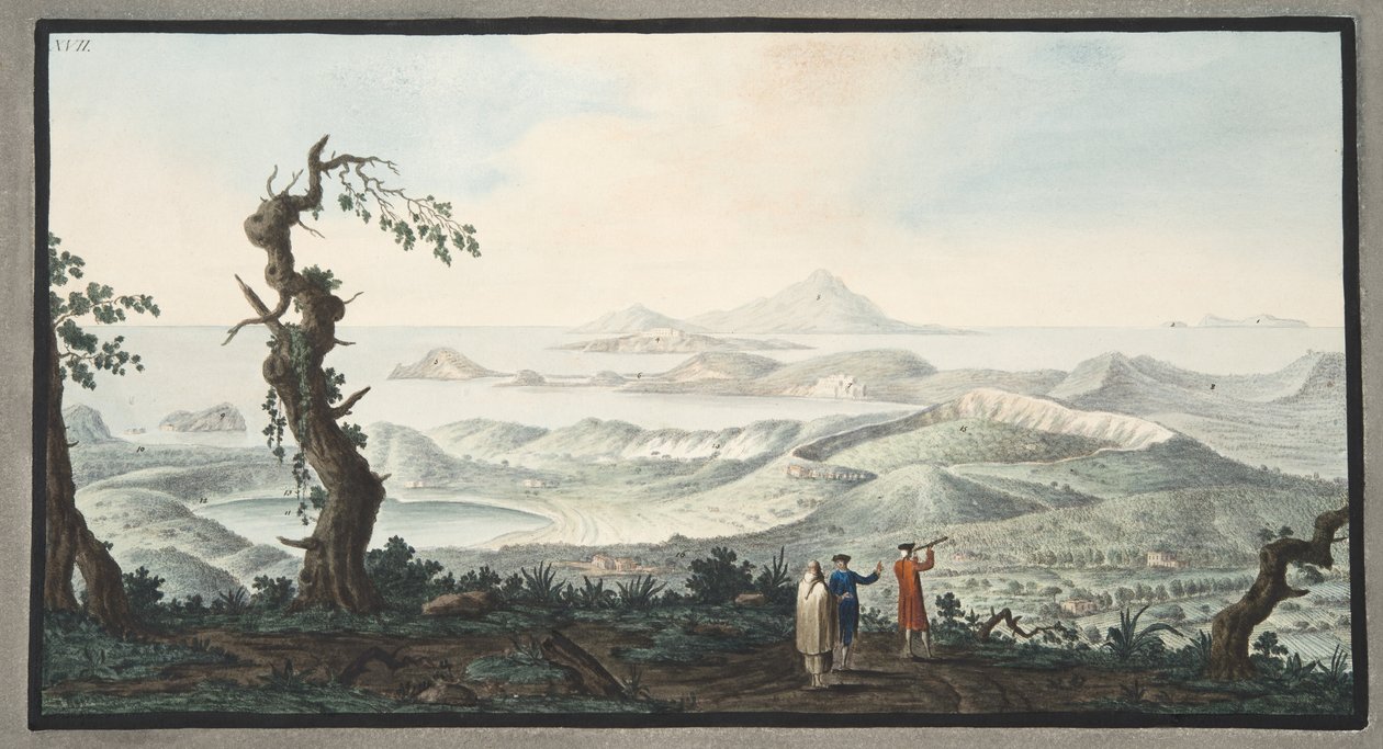Madártávlat a Camalpoli kolostorból, XVII. tábla, a "Campi Phlegraei: Observations on the Volcanoes of the Two Sicilies", írta Sir William Hamilton (1730-1803), megjelent 1776-ban (kézzel készített, a szicíliai vulkánok megfigyelései). alkotó: Pietro Fabris