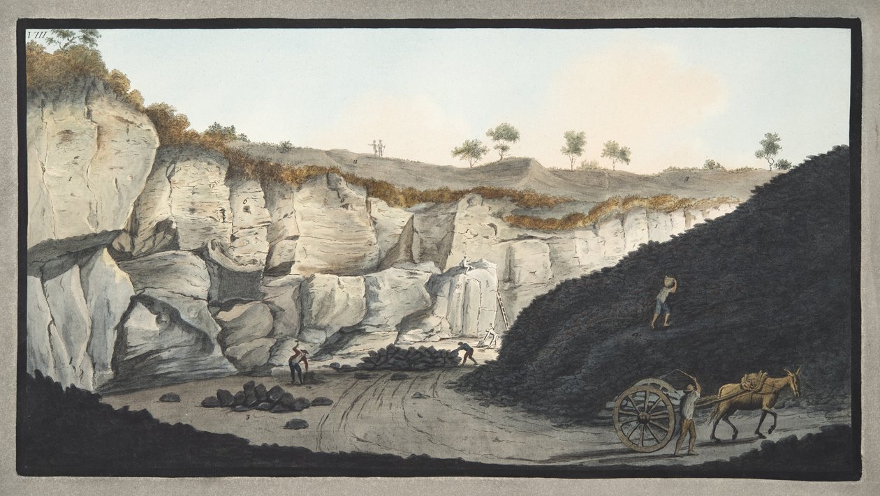 A Vezúv 1631-es kitörése során a tengerbe befutott vastag lávaréteg ásatásai, 8. tábla a „Campi Phlegraei: Observatoins on the Volcanoes of the Two Sicilies” című művéből, Sir W. alkotó: Pietro Fabris