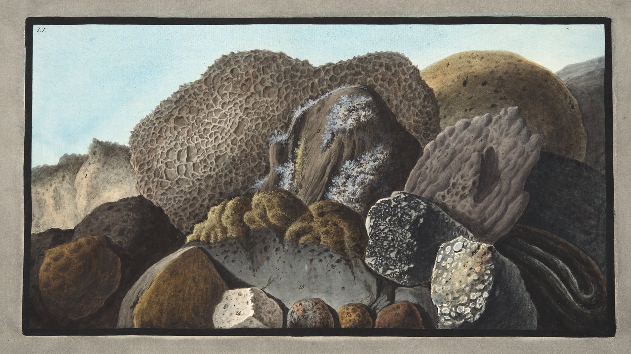 A Vezúv láva, Scoria és habkő kövei, LI tábla, Sir William Hamilton (1730-1803) „Campi Flegrei: Észrevételek a két szicília vulkánjáról” című művéből, 1776-ban (kéz szín) alkotó: Pietro Fabris