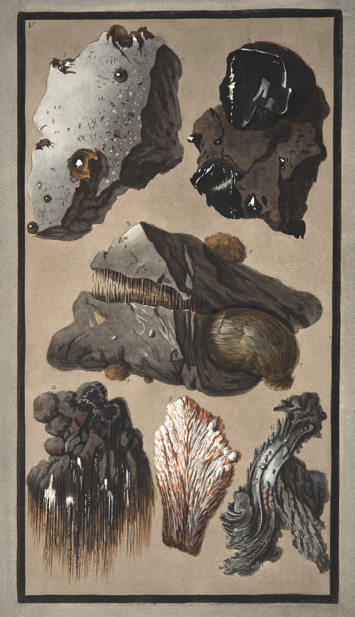 Vulkáni anyag példányai, Sir William Hamilton (1730-1803) „Campi Phlegraei: Observations on the Volcanoes of the Two Sicilies” című művéből, 1776-ban (kézzel színezett metszet) alkotó: Pietro Fabris