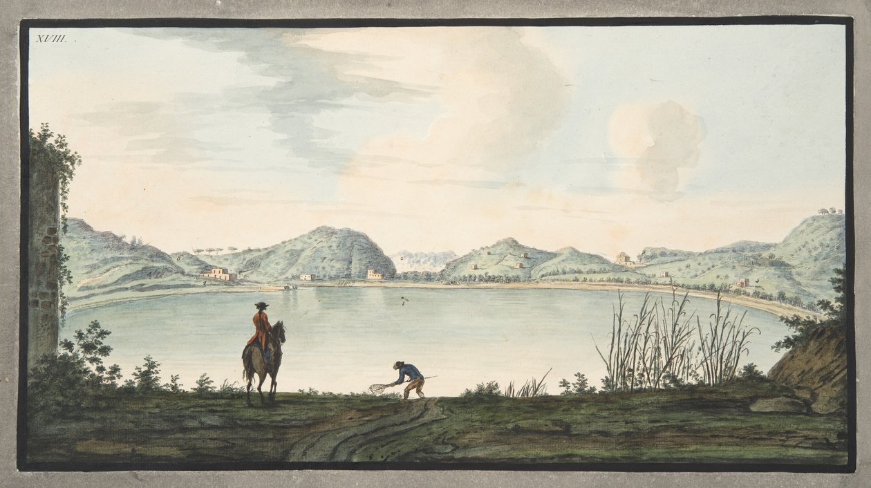 Az Agnano-tó, nyilvánvalóan egy ősi vulkán krátere, XVIII. tábla, a "Campi Phlegraei"-ből: Megfigyelések a két Szicília vulkánjairól", Sir William Hamilton (1730-1803), megjelent: 1 alkotó: Pietro Fabris