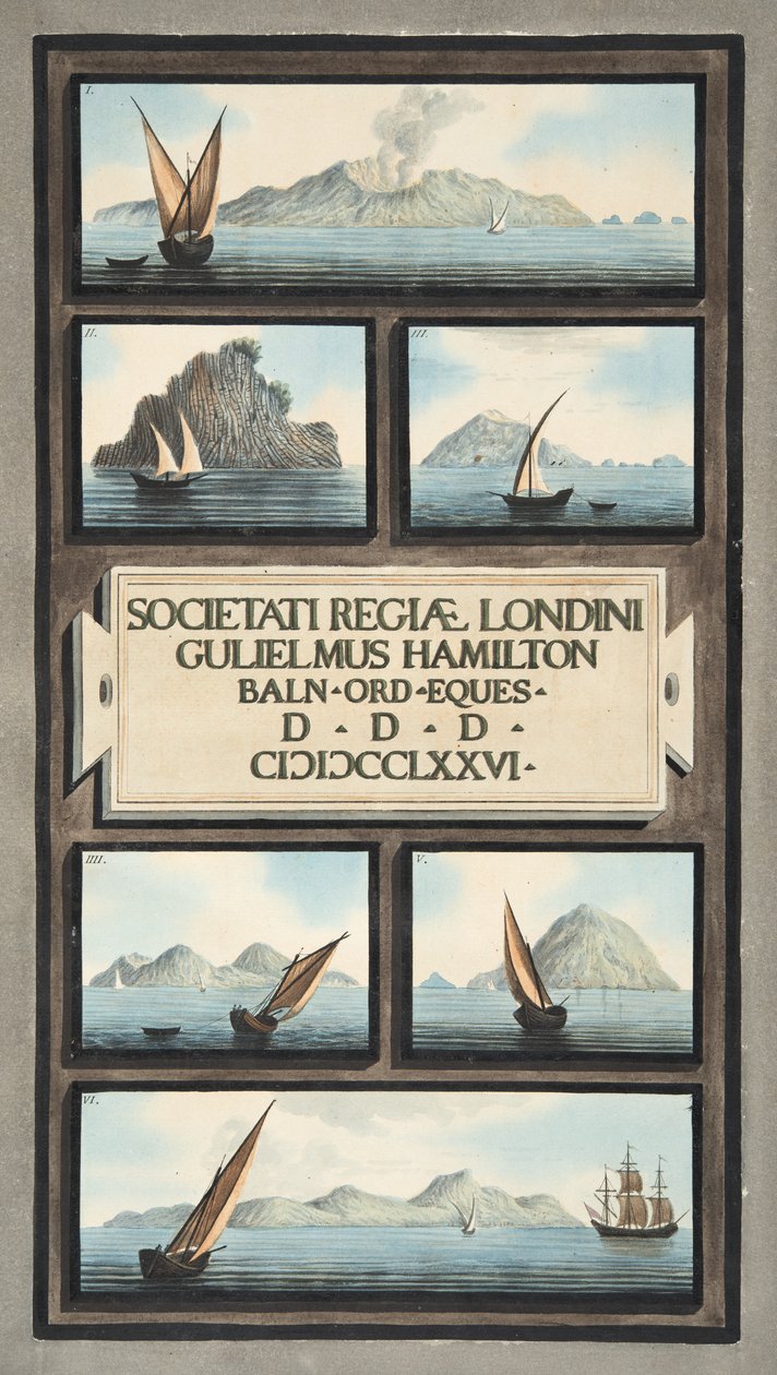 Címlap és előlap a „Campi Phlegraei: Észrevételek a két Szicília vulkánjáról” című művéből, Sir William Hamilton 1776-ban (kézzel színezett metszet) alkotó: Pietro Fabris
